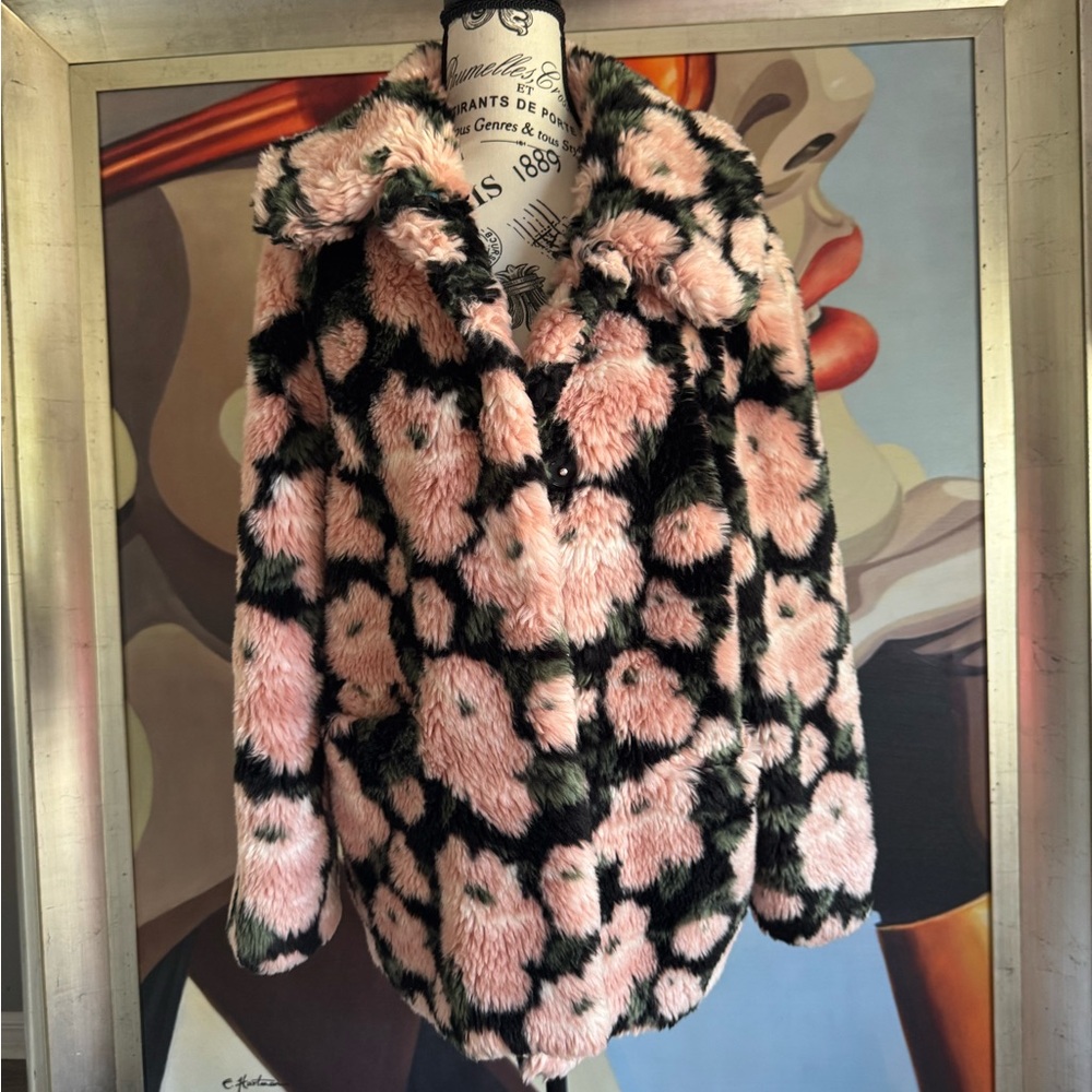 Anthropologie Jakke floral furry fuzzy Tilly Faux Fur Coat size 6/ medium - Picture 5 of 12